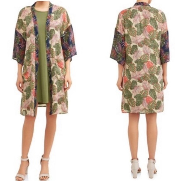 Time and Tru Tropical Bay Leaf Kimono with Pockets 8/10 beach cover up green - Picture 1 of 10